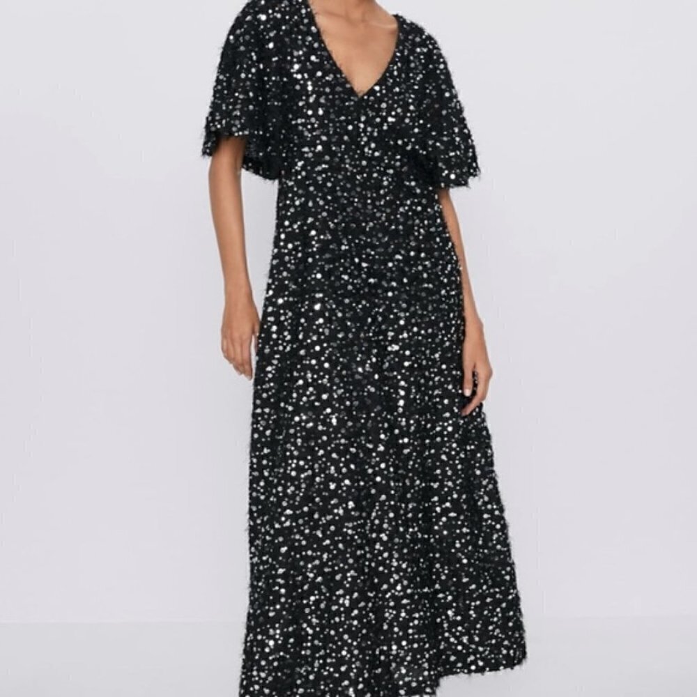 NWT ZARA Limited Edition Silver Sequin & Pearls HOLIDAY Maxi SMALL Dress FALL - Picture 2 of 13